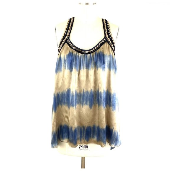 Devlin Y2K Crochet Boho Silk Tie Dye Embellished T Back Tunic‎ Festival Blouse - Picture 1 of 12